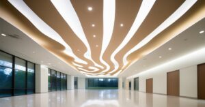 "A modern, minimalist interior scene featuring a flawless stretch ceiling. The ceiling should be the focal point, showcasing its smooth texture and integrated, subtle LED lighting. Emphasize the clean lines and contemporary feel. No people. Soft, natural light. Architectural photography style."