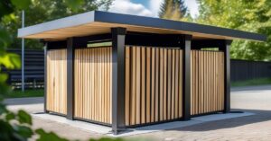 Wiata śmietnikowa przy domu: praktyczna osłona koszy na śmieci.
